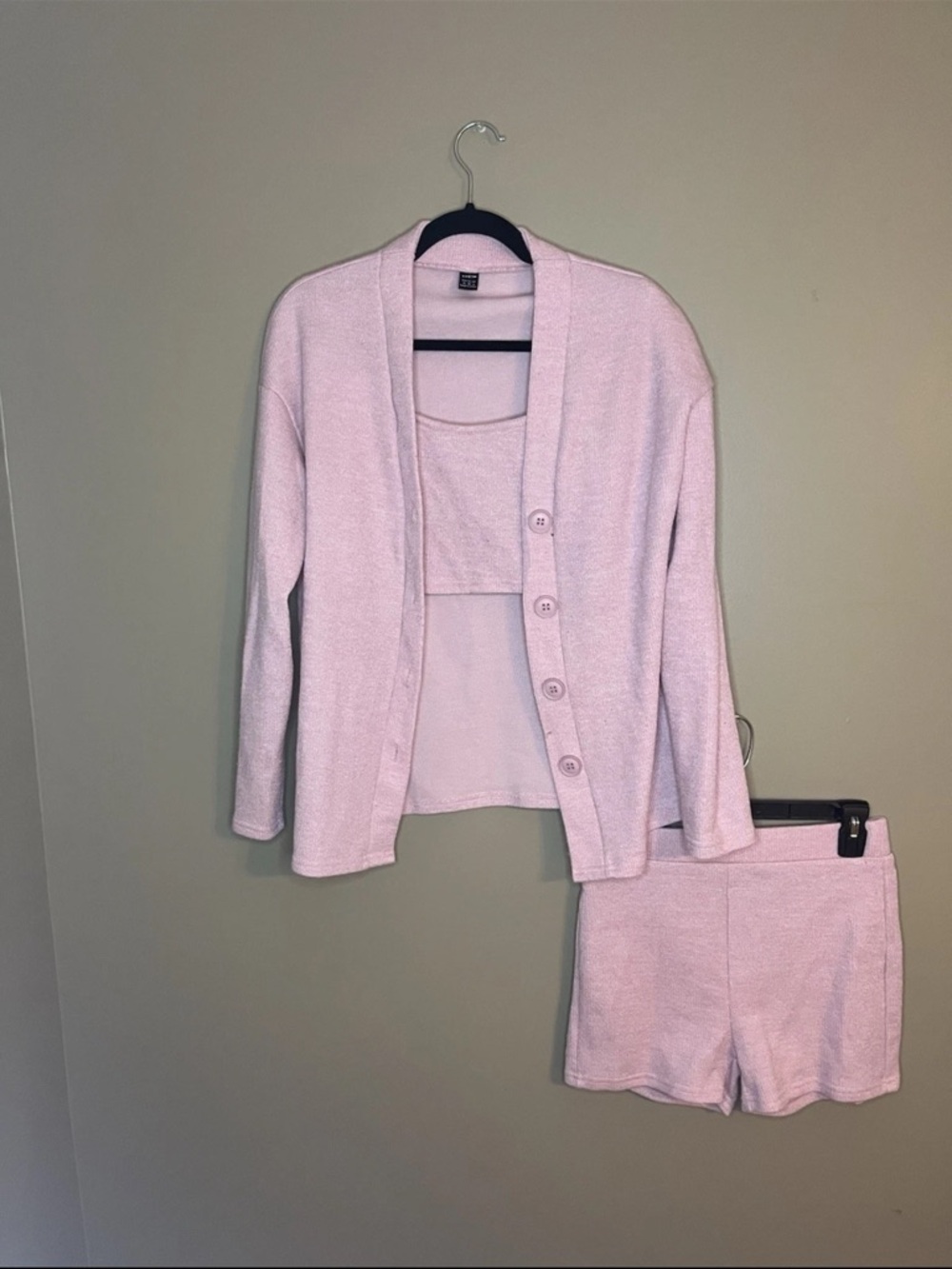 SHEIN Light Pink 3-Piece Knit Lounge Set - Cardigan, Tank & Shorts Women’s Mediu